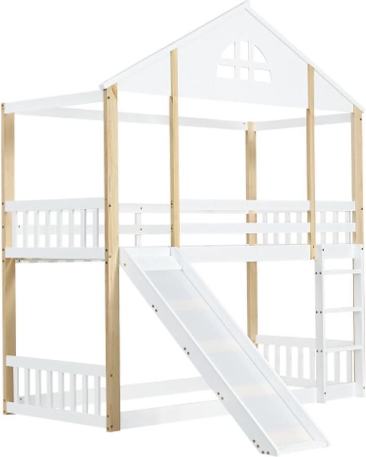 Stapelbed 90x200cm Zonder Matras Huisbed Met Glijbaan En Hoektrap Raamontwerp Massief Hout Wit Natuurlijk Voor Spel En Slaapkamer