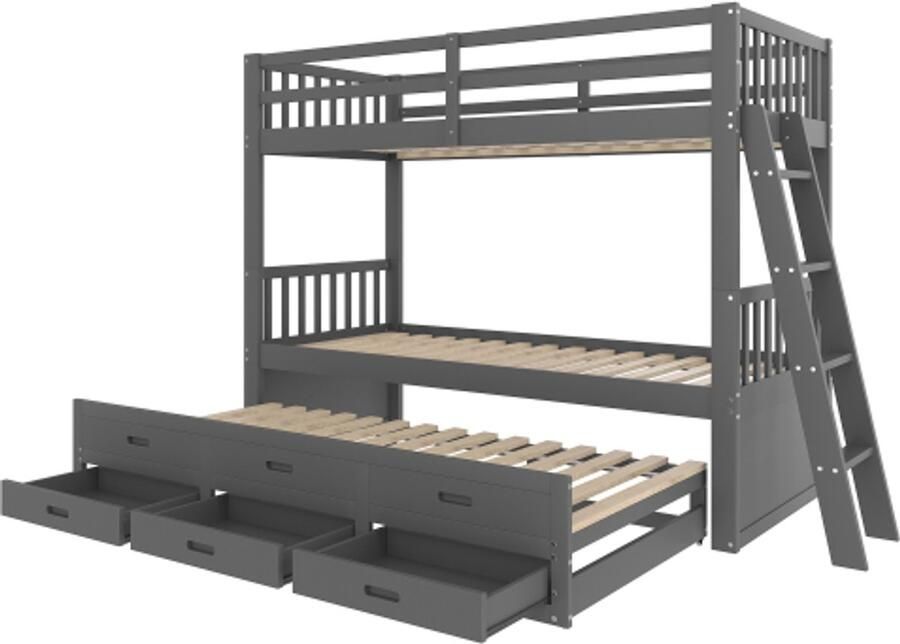 Stapelbed 90x200cm Zonder matras Kinderbed Huisbed Grijs Massief grenen MDF Met trap uitrolbed en 3 lades Sterk bedframe Geschikt voor meisjes en jongens Kinderkamer