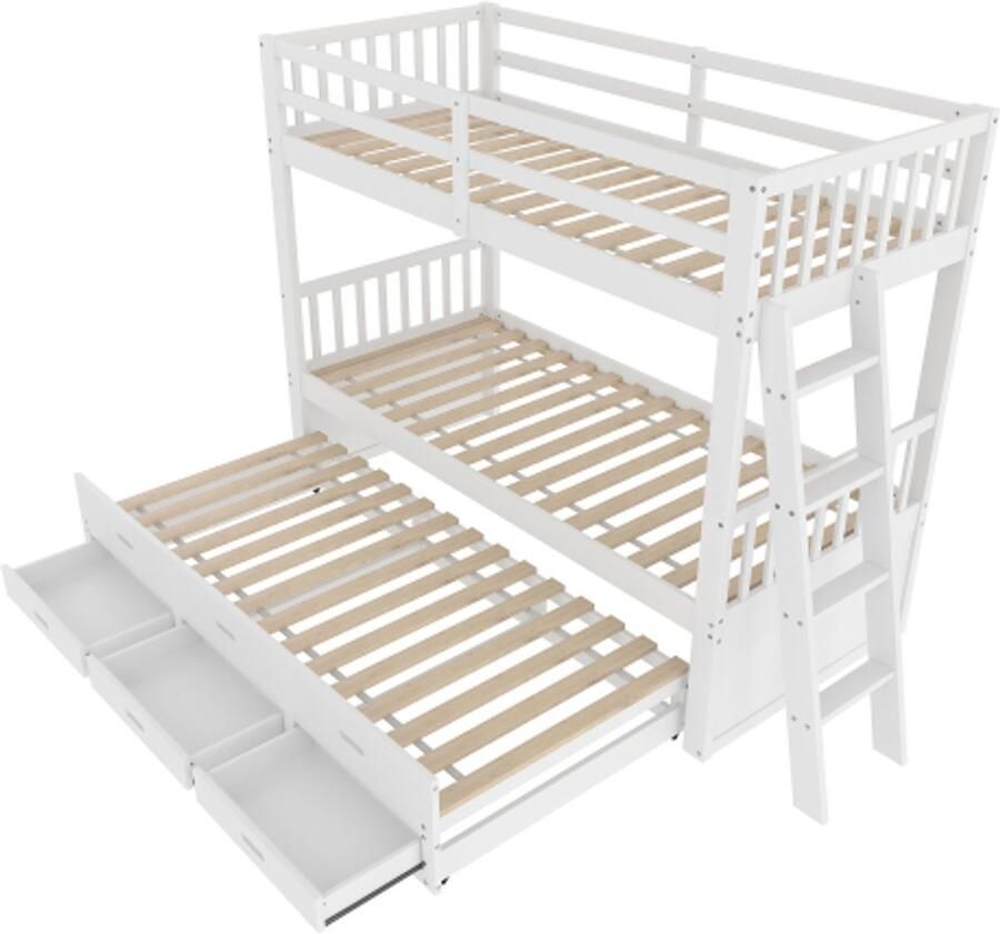 Stapelbed 90x200cm Zonder matras Kinderbed Huisbed Wit Massief grenen MDF Met trap uitrolbed en 3 lades Sterk bedframe Geschikt voor meisjes en jongens Kinderkamer