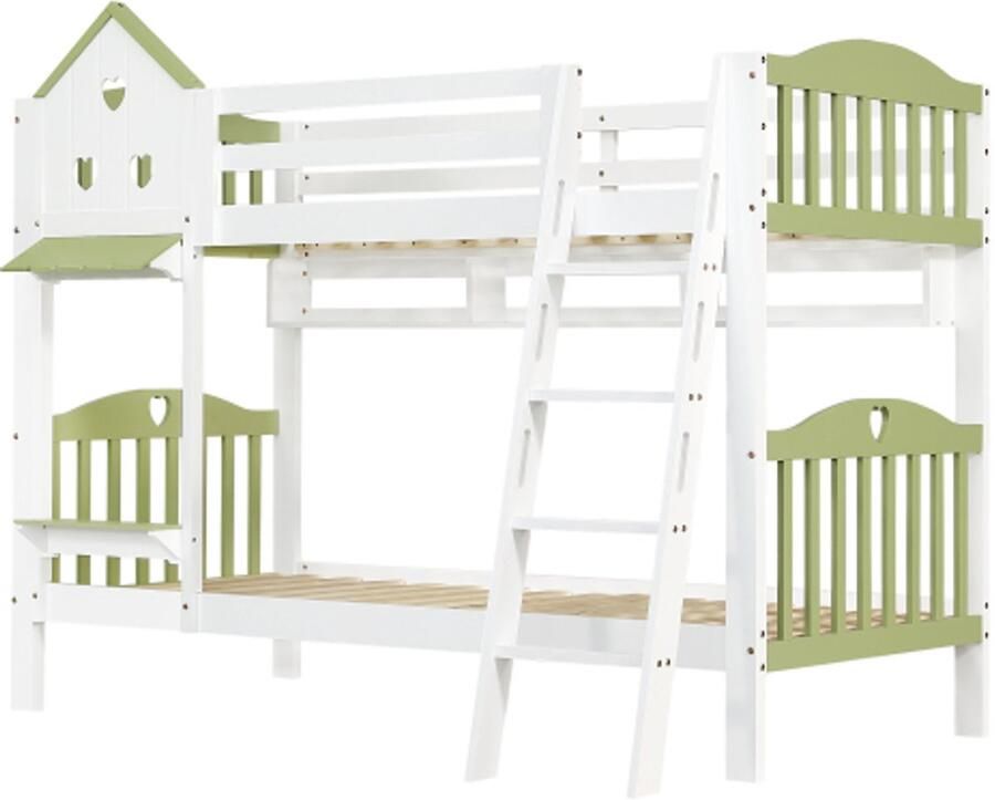 Etagenbed 90x200cm Zonder Matras Kinderbed Met Dak Raam Plank En Ladder Massief Hout MDF Wit Groen Voor Creatieve Kinderkamer