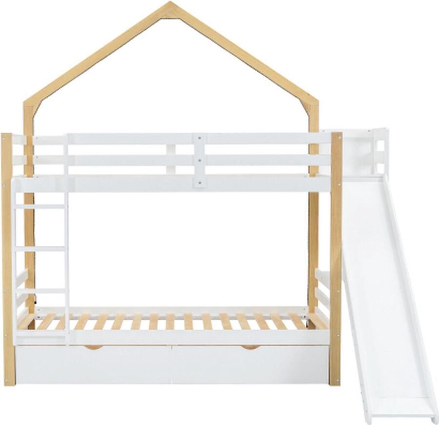 Zonder merk Gotagee Stapelbed 90x200cm Zonder matras Kinderbed Wit+Grenenhout+MDF met LED lichtstrips vier rechte treden onderbedlade met rails