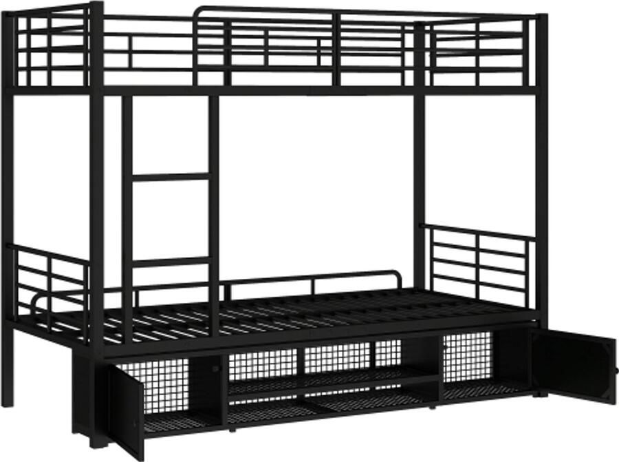 Stapelbed 90x200cm Zonder Matras Kinderbed Zwart Metaal Met Zijladder Valbeveiliging Schoenenrek En Kleine Kast Geschikt Voor Kinderen En Tieners