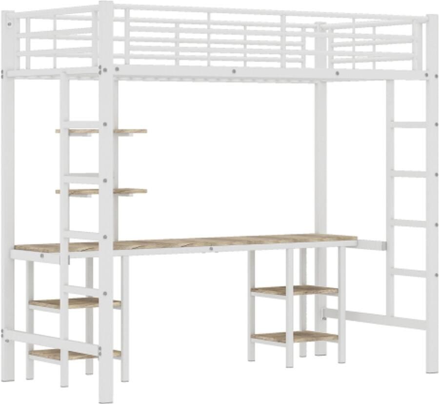Stapelbed 90x200cm Zonder Matras Stapelbed Wit Ijzer+MDF Met Bureau En Planken Met Zijladder En Traphekje Voor Kinderen En Tieners