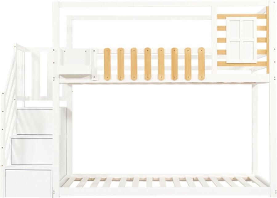 Stapelbed 90x200cm Zonder Matras Tweenpersoonsbed Kinderbed Hoogslaper Wit Natuur Hout Met Ladder Raam Drie Opbergladders En Reling Geschikt Voor Kinderkamer