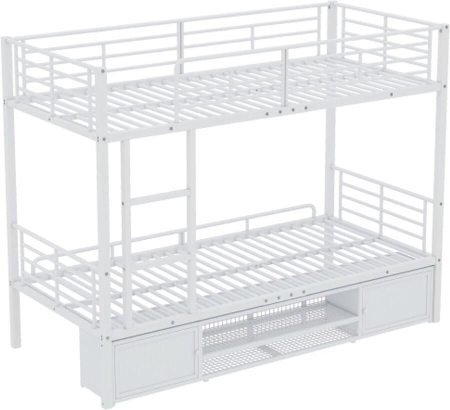 Stapelbed 90x200cm Zonder Matras Wit Ijzer Stapelbed Met Open Schoenenkast En Kleine Opbergkast Met Zijladder En Traphekje Voor Tieners