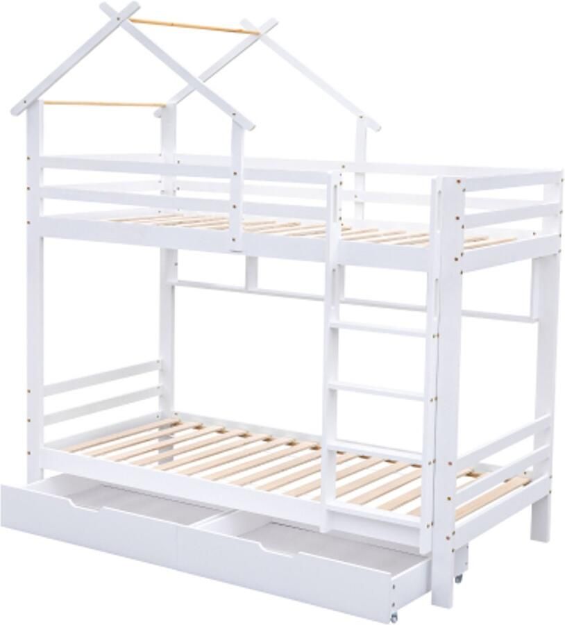 Stapelbed 90x200cm Zonder Matras Wit Kiefer Met Laden En Planken Huisbed Met 3 Staps Rechte Trap En Valbeveiliging