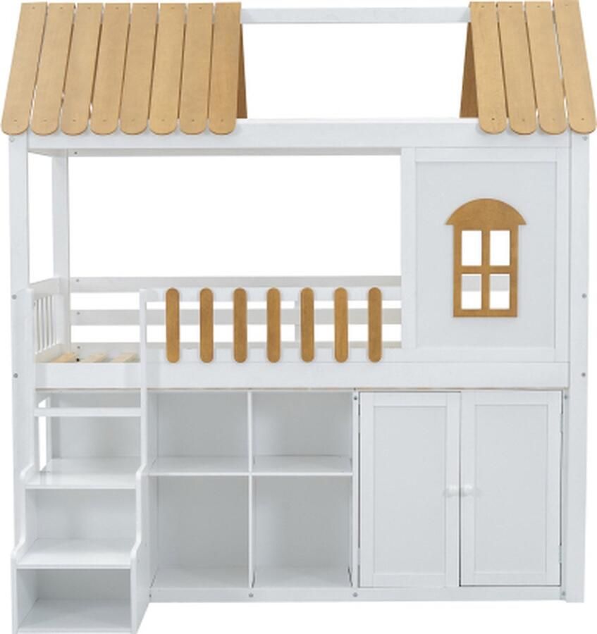 Zonder merk Gotagee Stapelbed 90x200cm zonder matras Wit+Natuur Grenenhout met kledingkast met schoenenkast veilige trapstappen minimalistisch ontwerp stabiel leuning