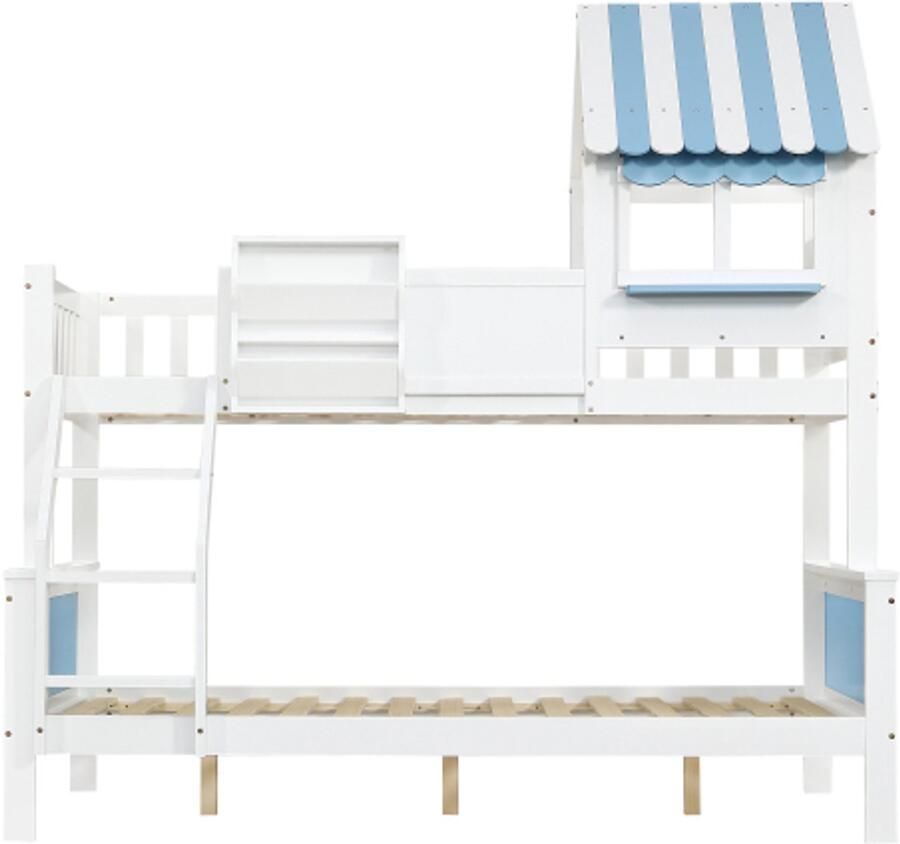 Stapelbed 90x200cm 120x200cm Zonder Matras Kinderbed Huisbed Wit Blauw Hout MDF Met Opberglade Met Drie-Trede Schuine Ladder Met Unieke Raamvorm Met Zijkant Krijtbord Geschikt Voor Kinderkamer