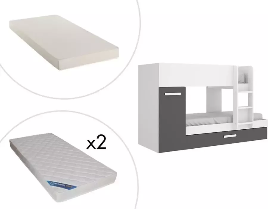 Vente-unique Stapelbed met opbergruimtes 3 x 90 x 190 cm Antraciet en wit Met matras ANTHONY L 243 cm x H 150 cm x D 97 cm - Foto 2