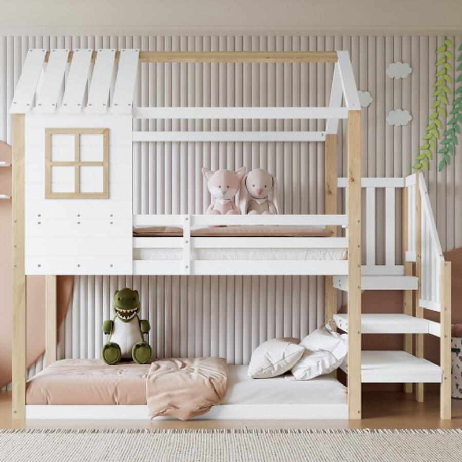 Stapelbed bed met hoektrap huisbed kinderbed met valbeveiliging en reling met raam uniek dakdesign grenen+MDF wit+natuurlijk 90x200cm