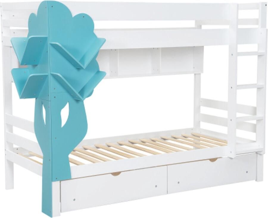 Stapelbed creatief kinderbed boekenkast in de vorm van een boom open plank twee lades met wieltjes met veiligheidshekje veel opbergruimte grenen + MDF wit + blauw 90x200cm