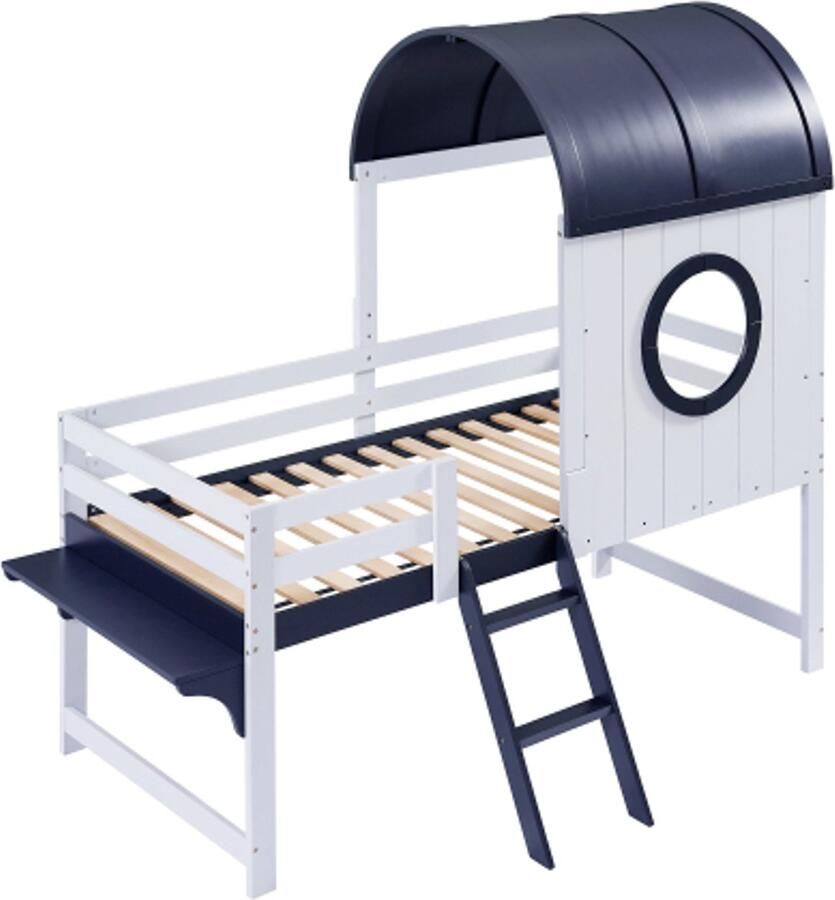 Stapelbed halfhoogslaper kinderbed met dak en raam onderste lade met wielen praktische schuine ladder met twee treden grenen + MDF + multiplex wit + donkerblauw 90x200 cm