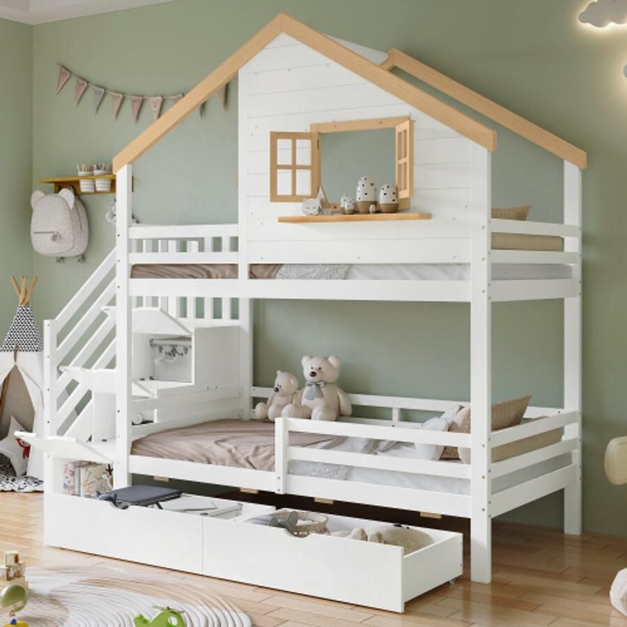 Stapelbed houten bed grenen + MDF opbergtrap slim huisje met raam opbergruimte onder het bed wit + naturel 90x200 cm