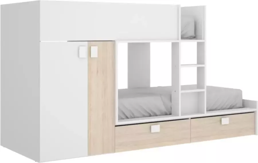 Vente-unique Stapelbed JUANITO Ingebouwde kast 2x90x190cm Wit en eiken L 275 cm x H 150 cm x D 108 cm - Foto 2