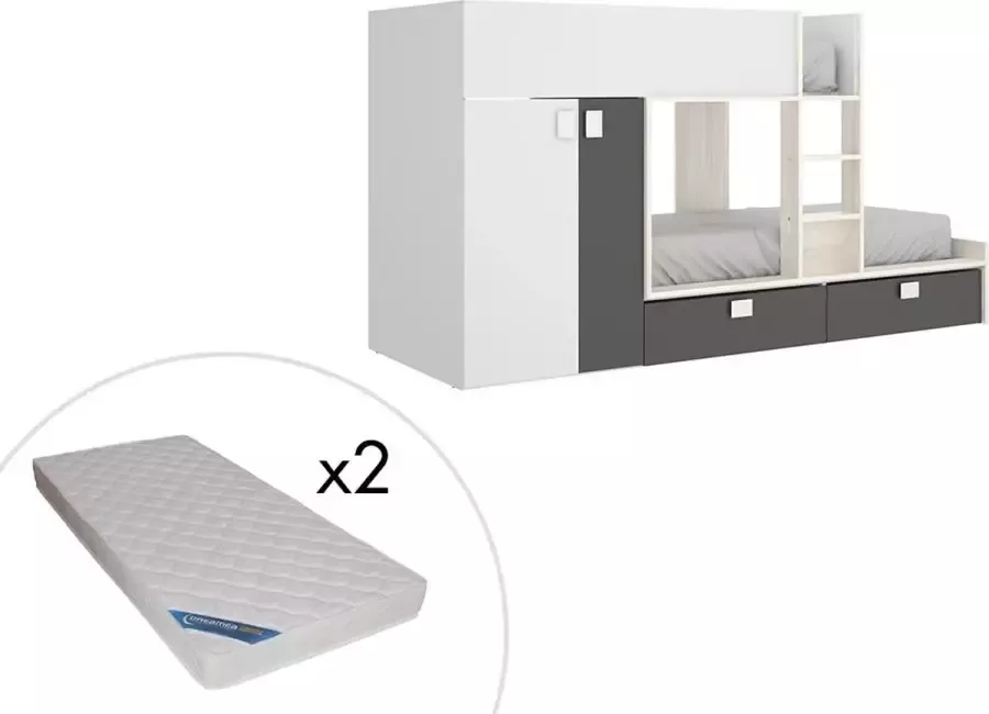 Vente-unique Stapelbed met ingebouwde kast 2 x 90 x 190 cm Wit eiken en antraciet + matras JUANITO L 275 cm x H 150 cm x D 108 cm - Foto 4