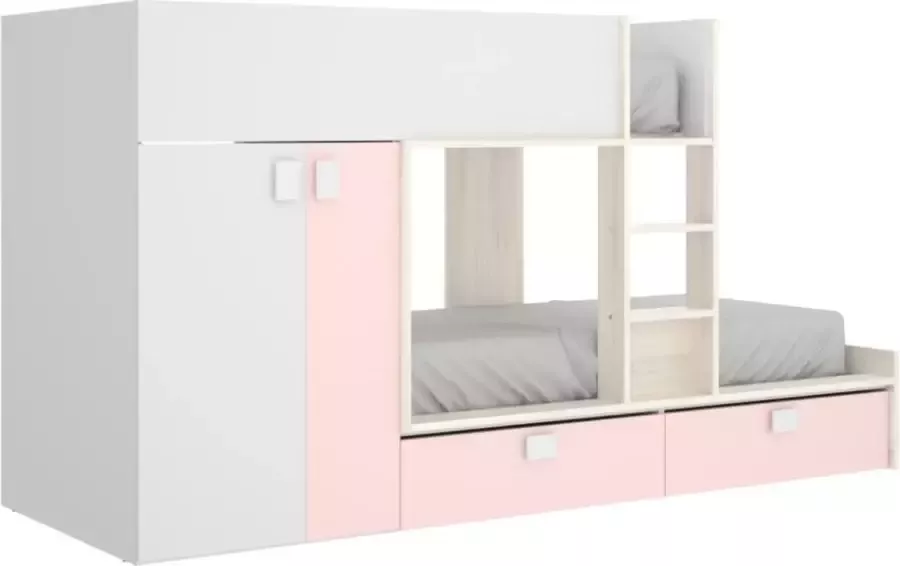Vente-unique Stapelbed JUANITO met ingebouwde kast en opbergruimte 2x90x190cm Wit eiken en roze L 275 cm x H 150 cm x D 108 cm - Foto 3