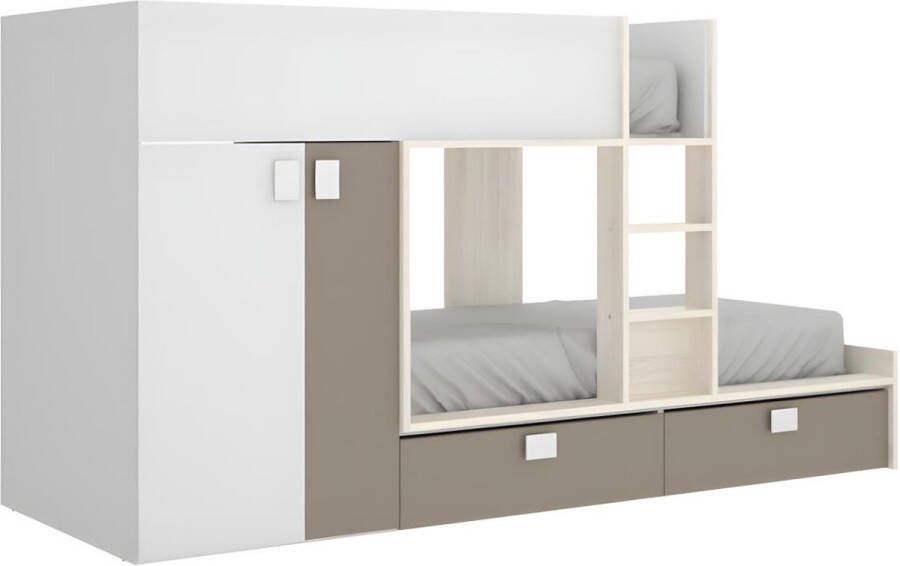 Vente-unique Stapelbed JUANITO met ingebouwde kast en opbergruimte 2x90x190cm Wit eiken en taupe L 275 cm x H 150 cm x D 108 cm