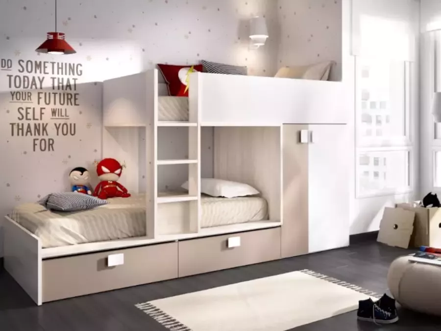 Vente-unique Stapelbed JUANITO met ingebouwde kast en opbergruimte 2x90x190cm Wit eiken en taupe L 275 cm x H 150 cm x D 108 cm - Foto 2