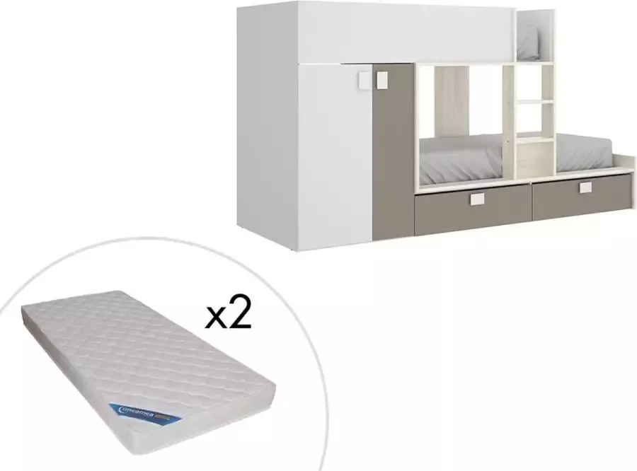 Vente-unique Stapelbed met ingebouwde kast en opbergruimte 2x90x190cm Wit eiken en taupe + Matras JUANITO L 275 cm x H 150 cm x D 108 cm - Foto 2