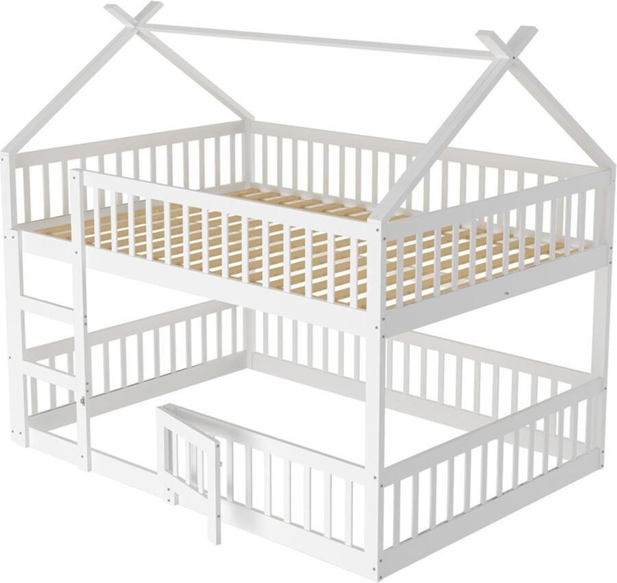 Stapelbed 140x200cm Zonder Matras Kinderbed Wit Hout Met Trap Veiligheidsdeur En Veiligheidshek Houten Frame Modern Minimalistisch Huisvormig Ontwerp Stevig