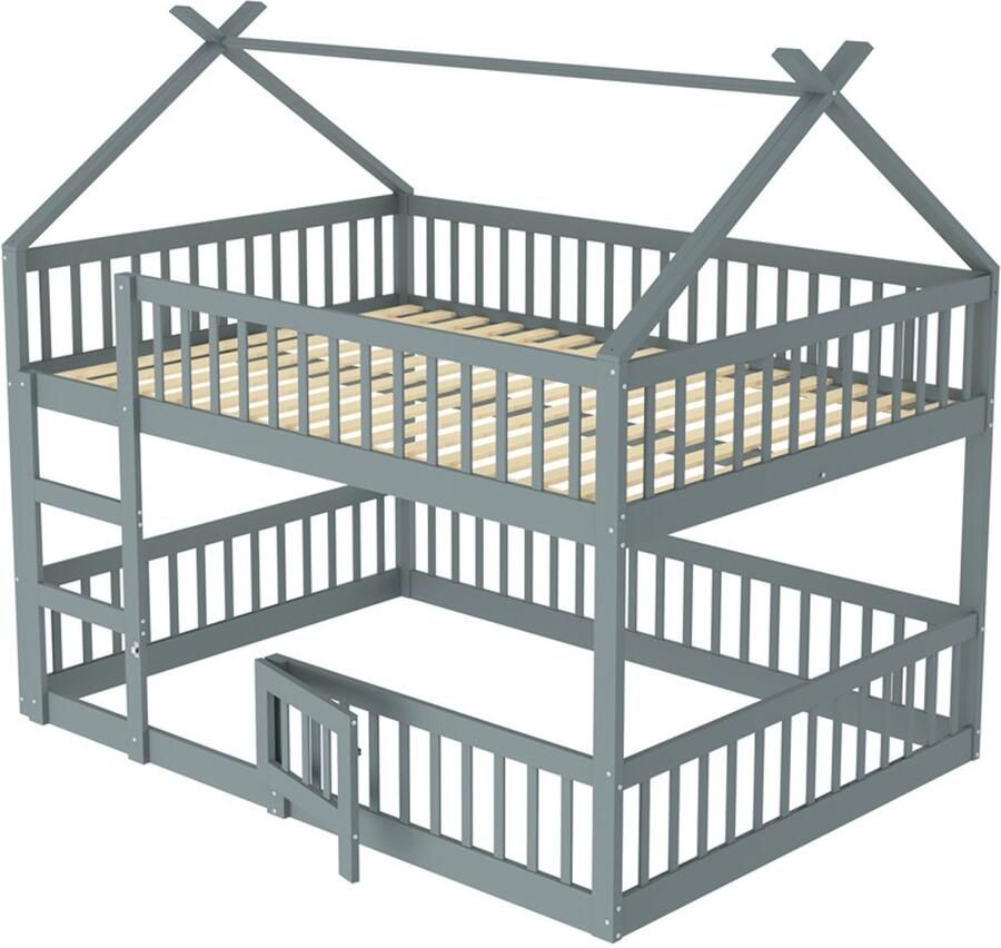 Stapelbed kinderbed 140x200cm zonder matras met trap veiligheidsdeur en veiligheidshek modern minimalistisch huisvormig ontwerp stevig houten frame grijs