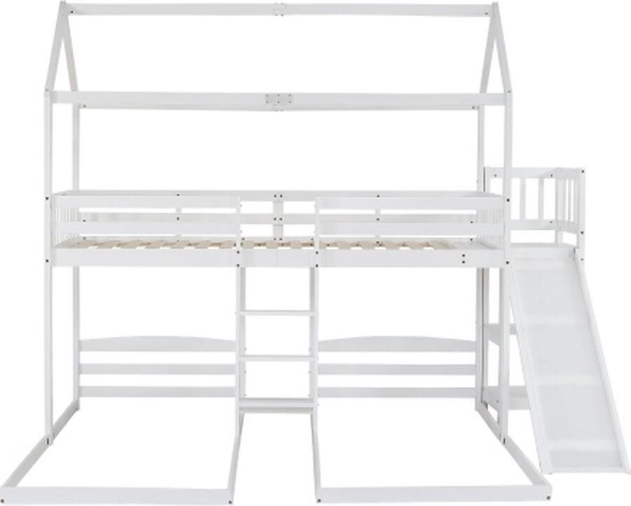 Zonder merk Gotagee Stapelbed Kinderbed met dak 90x200cm zonder matras Wit Grenenhout+MDF met drie bedposities met glijbaan met drie-traps ladder