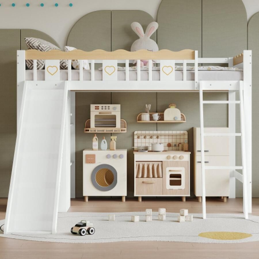Stapelbed kinderbed met kinderglijbaan kledingkast en opbergkast onder het bed vierzijdig hek met prachtige patronen grenen + MDF + multiplex wit + naturel 90x200 cm