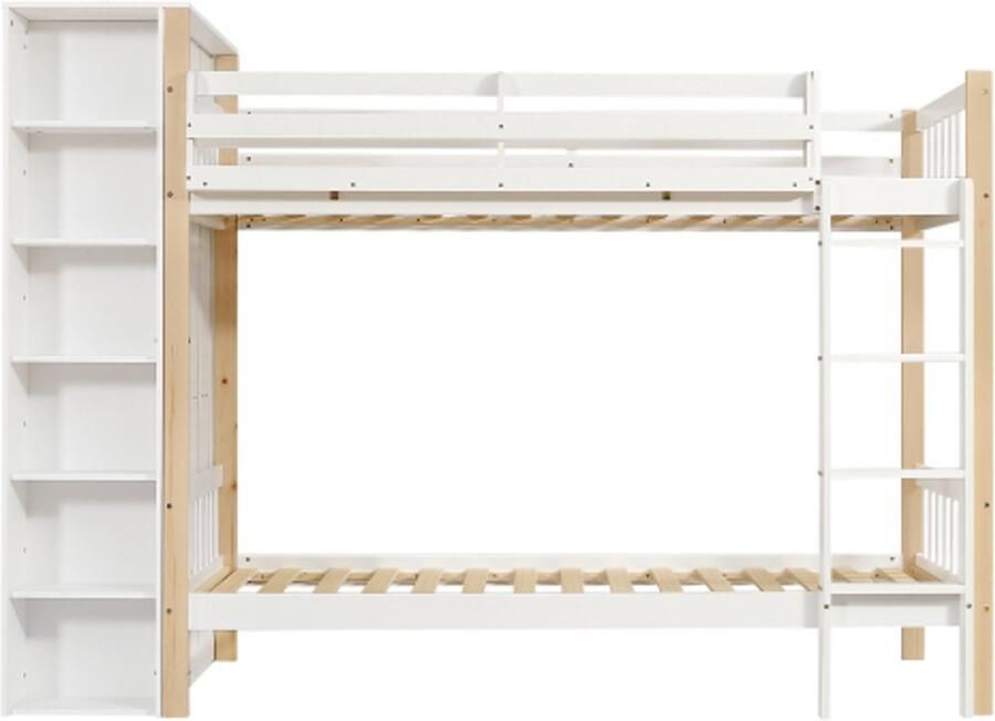 Stapelbed kinderbed met valbeveiliging en leuning met 4-traps ladder 6 open legplanken kledingkast aan de zijkant veel opbergruimte wit + naturel 90x200cm