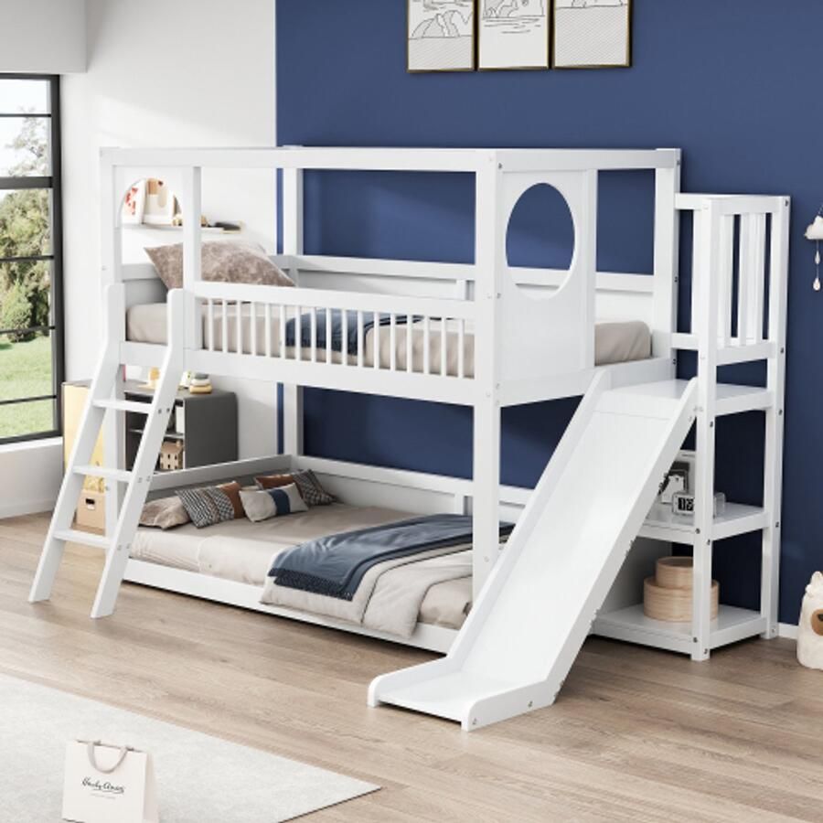 Kinderstapelbed tweepersoonsbed multifunctioneel kinderbed met planken met glijbaan zonder matras wit 90*200