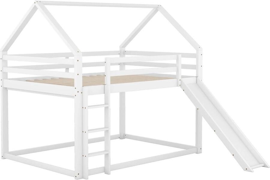 Grokos Stapelbed Bedhuisje Kinderkamer Tweepersoonsbed Kinderbed Huisbed Jeugdbed glijbaan ladder Wit 140x200