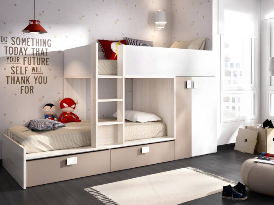 Vente-unique Stapelbed met ingebouwde kast en opbergruimte 2x90x190cm Wit eiken en taupe + Matras JUANITO L 275 cm x H 150 cm x D 108 cm