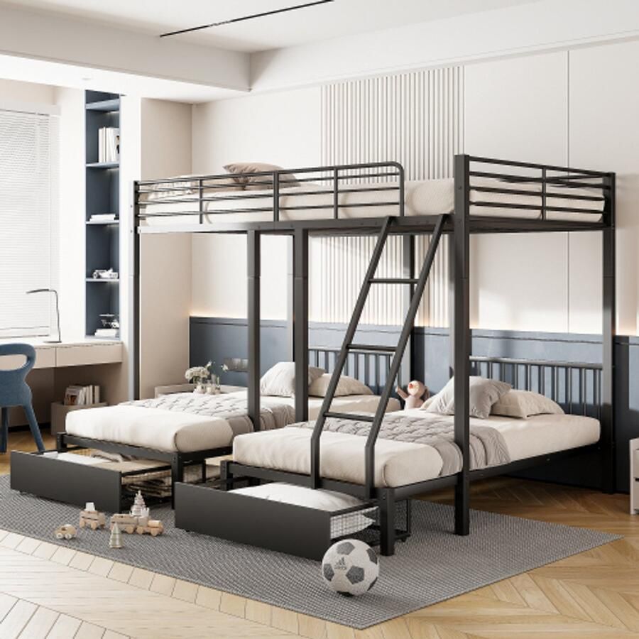 Stapelbed met lades metalen bedframe omvormbaar tot een tweepersoonsbed van 140 x 200 en twee eenpersoonsbedden van 90 x 200 multifunctioneel bed met metalen frame zwart