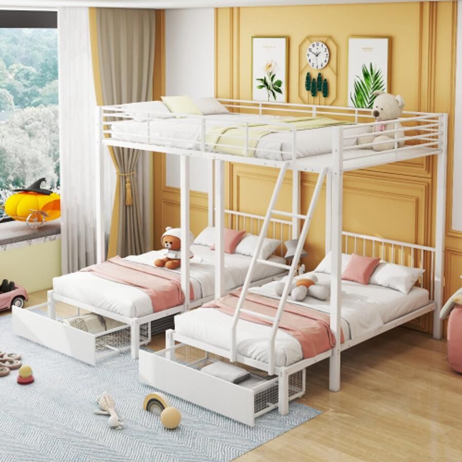 Stapelbed met lades metalen bedframe omvormbaar tot een tweepersoonsbed van 140 x 200 en twee eenpersoonsbedden van 90 x 200 multifunctioneel bed met metalen frame wit