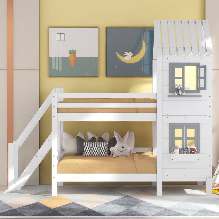 Stapelbed met leuning en raam huisbed kinderbed met valbeveiliging en rooster grenen frame wit (90x200cm)