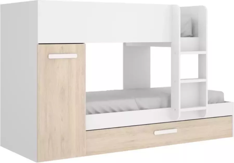 Vente-unique Stapelbed met onderschuifbed en opbergruimte 3x90x190cm Wit en naturel ANTHONY L 243 cm x H 150 cm x D 97 cm - Foto 2