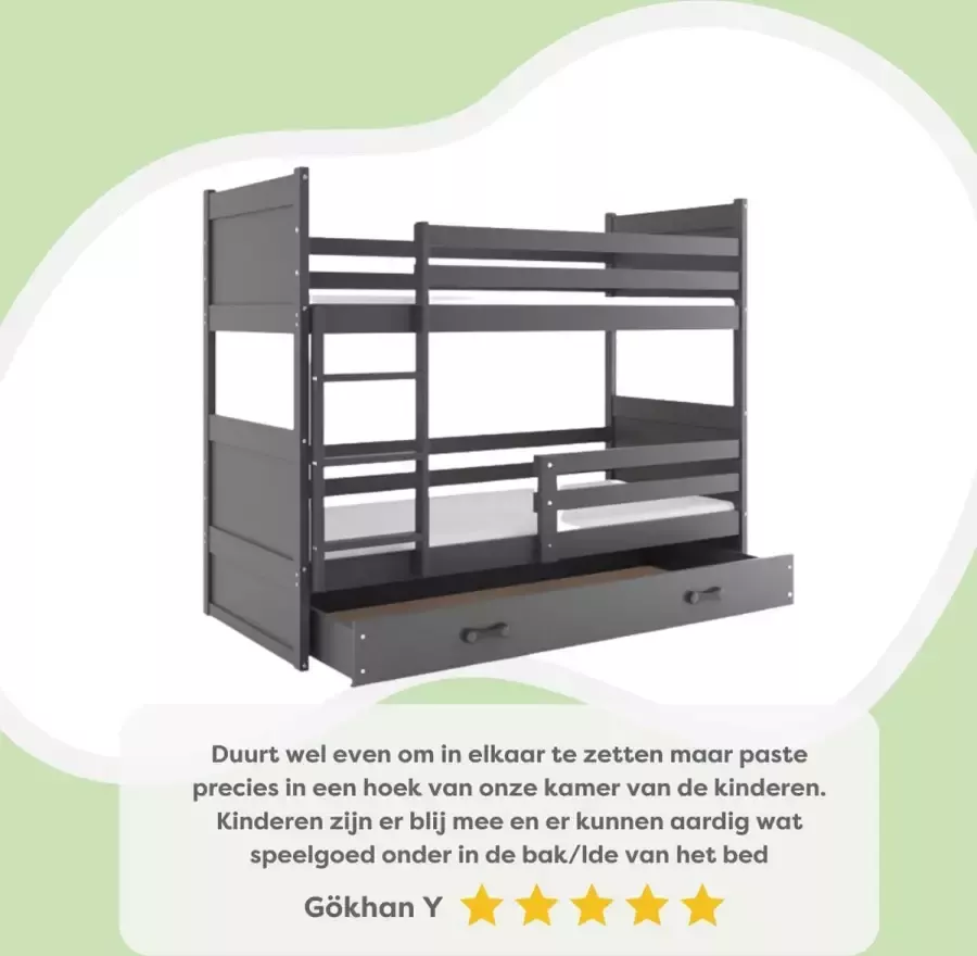 Perfecthomeshop Stapelbed met opbergruimte 90x200 Grijs – Antraciet Stapelbedden en Lattenbodem – Grijze Stapelbed met Lade TÜV getest –