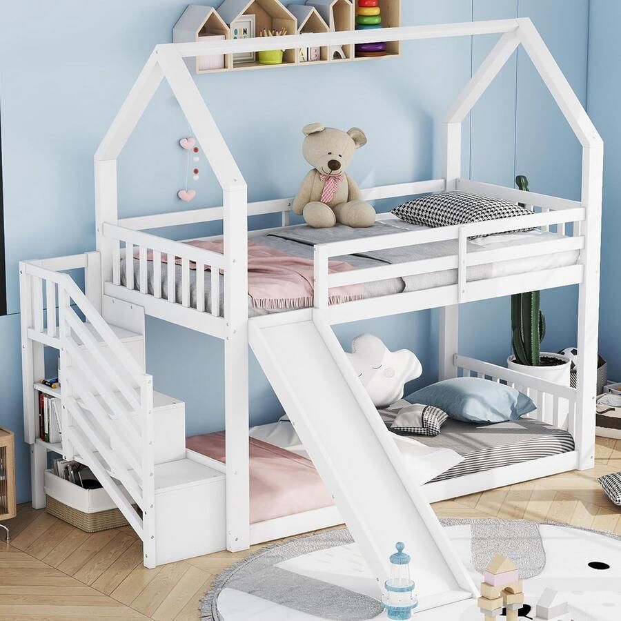 Stapelbed met Opbergtrap en Glijbaan voor Kinderen Wit 90x200 cm