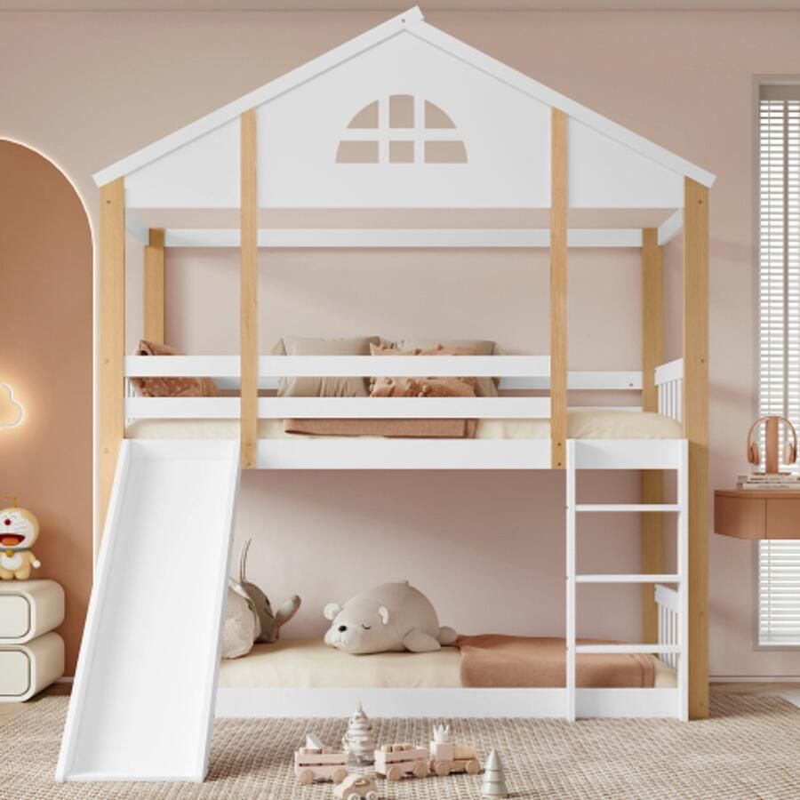 Stapelbed met opvallende ramen en 3-traps ladder met schuine hoek kinderbed met glijbaan huisbed met hekken en veiligheidsrek massief houten bedframe wit + naturel 90x200cm
