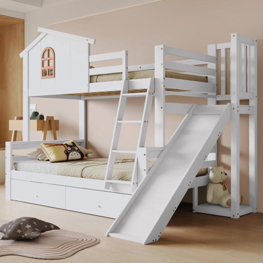 Stapelbed met opvallende ramen en uitschuifbare trap met vier treden kinder- en moederbed met glijbaan met twee lades massief houten bedframe wit 90x200 & 120x200cm