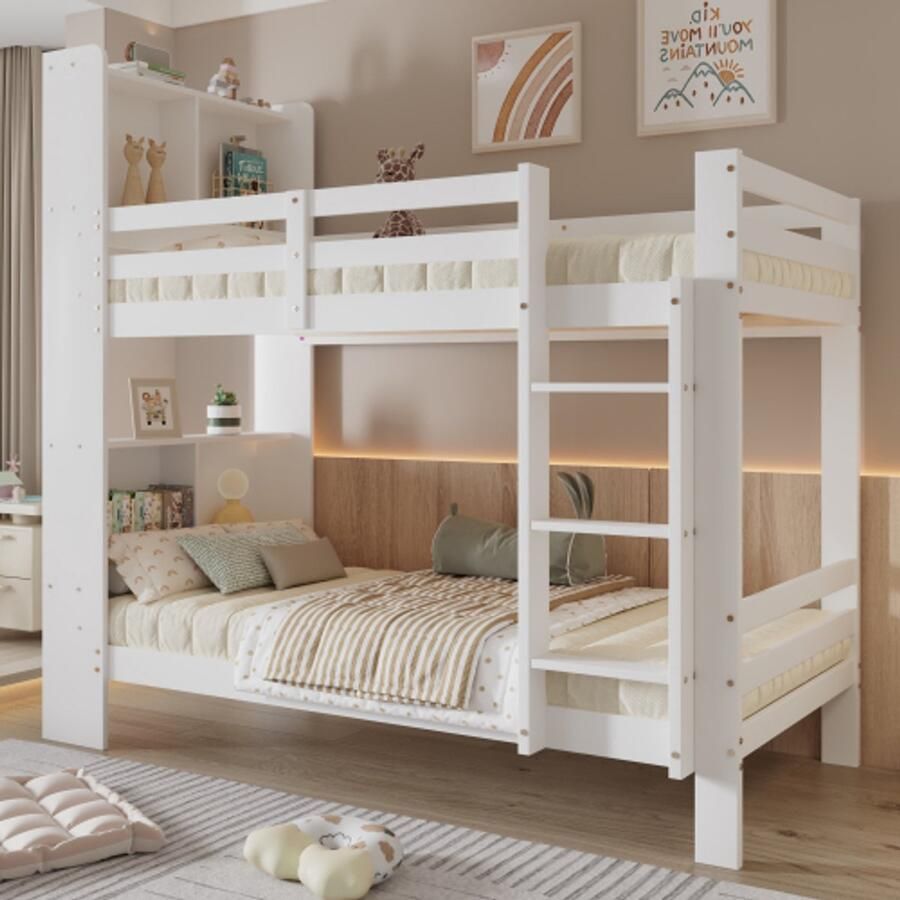 Stapelbed met planken en drietraps ladder met rechte hoek houten bed met opbergruimte massief houten bedframe wit 90 x 200 cm