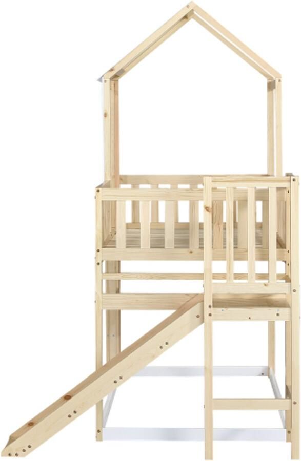Stapelbed met rechthoekige ladder en glijbaan huisbed met dak en raam kinderbed met valbeveiliging en spijlen grenen frame naturel+wit (90x200cm) - Foto 2