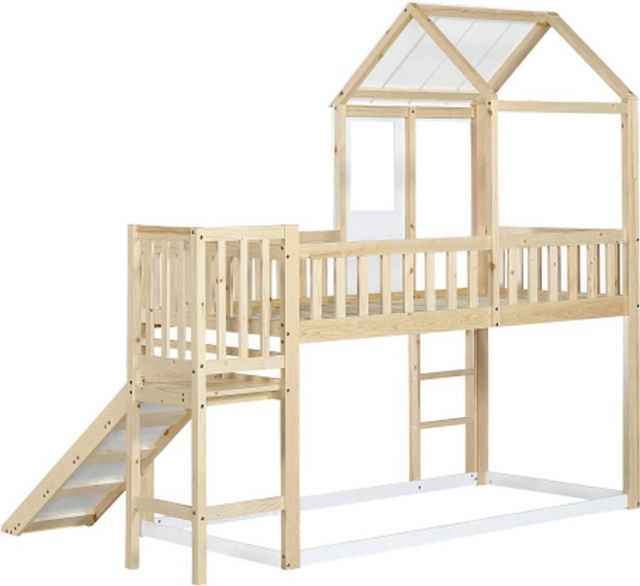 Stapelbed met rechthoekige ladder en glijbaan huisbed met dak en raam kinderbed met valbeveiliging en spijlen grenen frame naturel+wit (90x200cm)