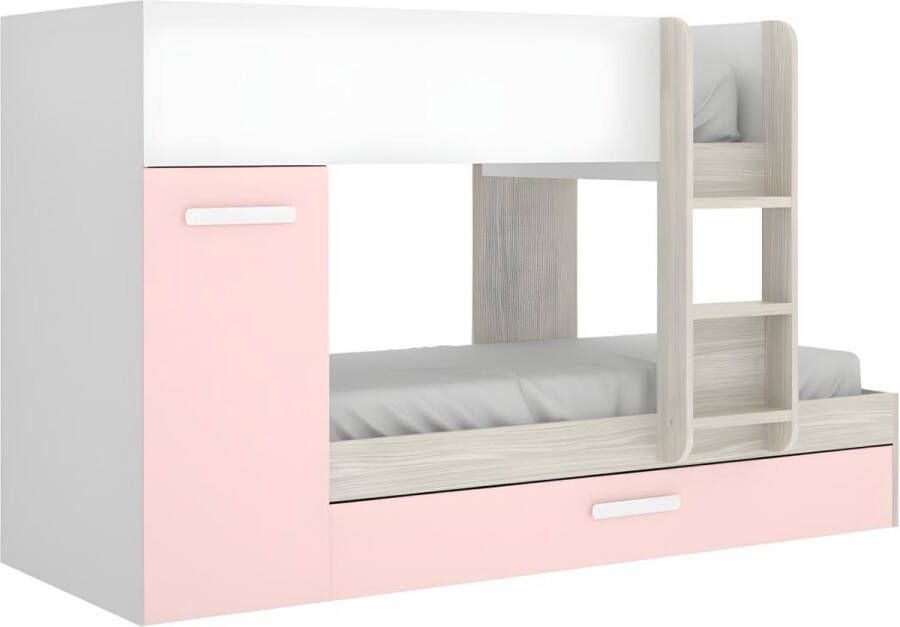 Vente-unique Stapelbed met slaaplade en opbergruimtes 3 x 90 x 190 cm Wit naturel en roze ANTHONY L 244 cm x H 150 cm x D 112 cm - Foto 2