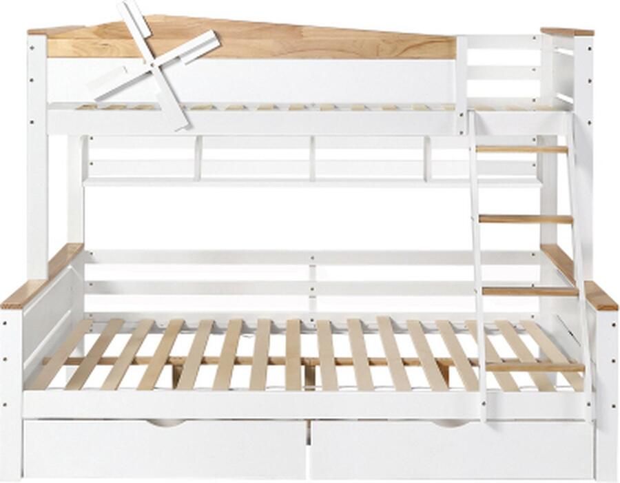 Zonder merk Gotagee Stapelbed met windmolen 90x200cm en 140x200cm zonder matras Wit+Natuur Grenenhout met valbeschermingshek met vier-traps schuine ladder en lades