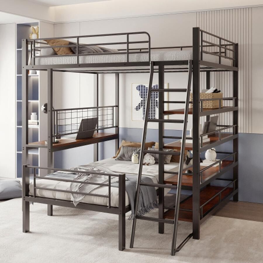 Stapelbed metalen frame hoogslaper 140*200 multifunctioneel bed met meerdere opbergvakken zwart