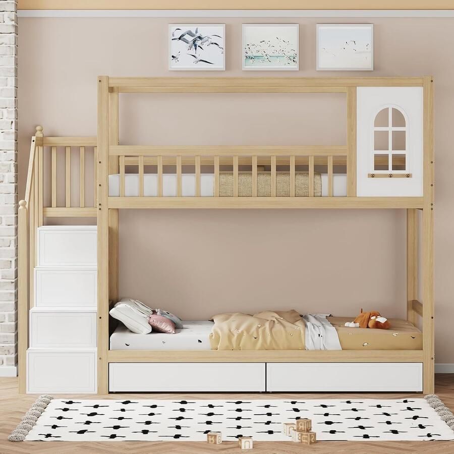 Stapelbed voor kinderen 90 x 200 cm Massief hout huisvorm met veiligheidshek en opbergladen