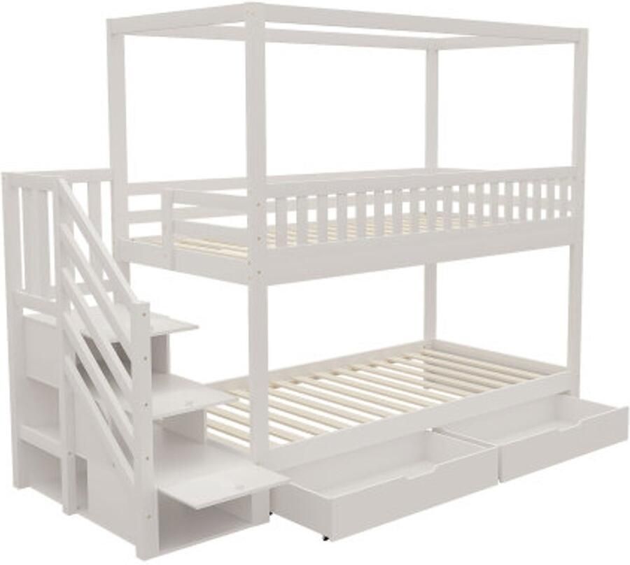 Stapelbed voor kinderen 90x200 cm tweepersoonsbed van massief hout huisvorm veiligheidsleuningontwerp met opbergvak en veiligheidsladder wit