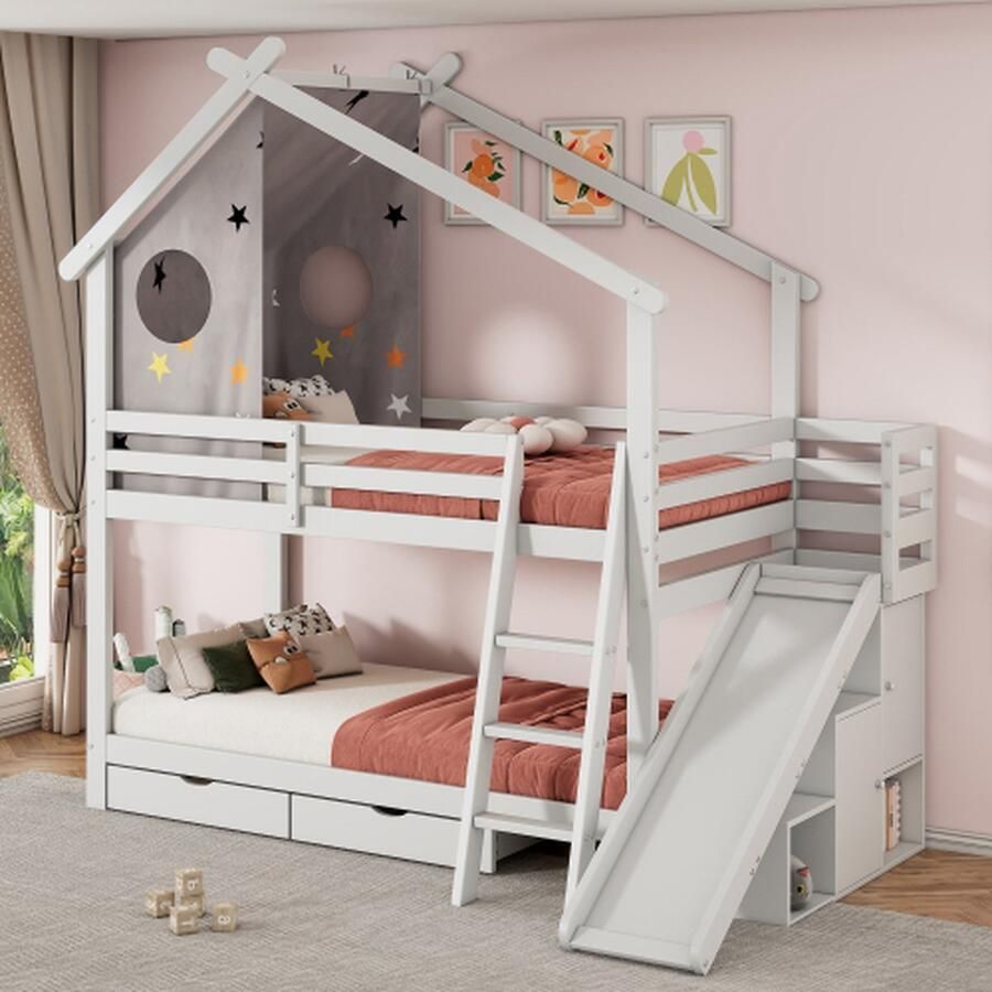 Stapelbed voor kinderen tweepersoonsbed multifunctioneel kinderbed voorzien van glijbanen en ladders met 2 lades zonder matras massief hout met opbergkast met afneembaar gordijn wit 90*200