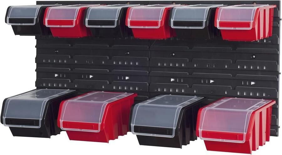 Stapelbox wandrek opslagsysteem met 10 opbergdozen zwart rood
