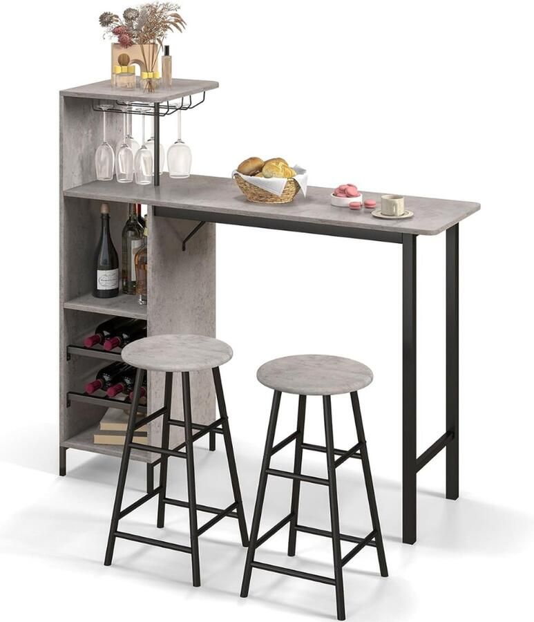 Statafel Keukeneiland Staantafel Keuken Bartafel Barkast Stapelbaar Voor Binnen & Buiten 120x40x121 5 Cm Inclusief 2 Krukken Grijs